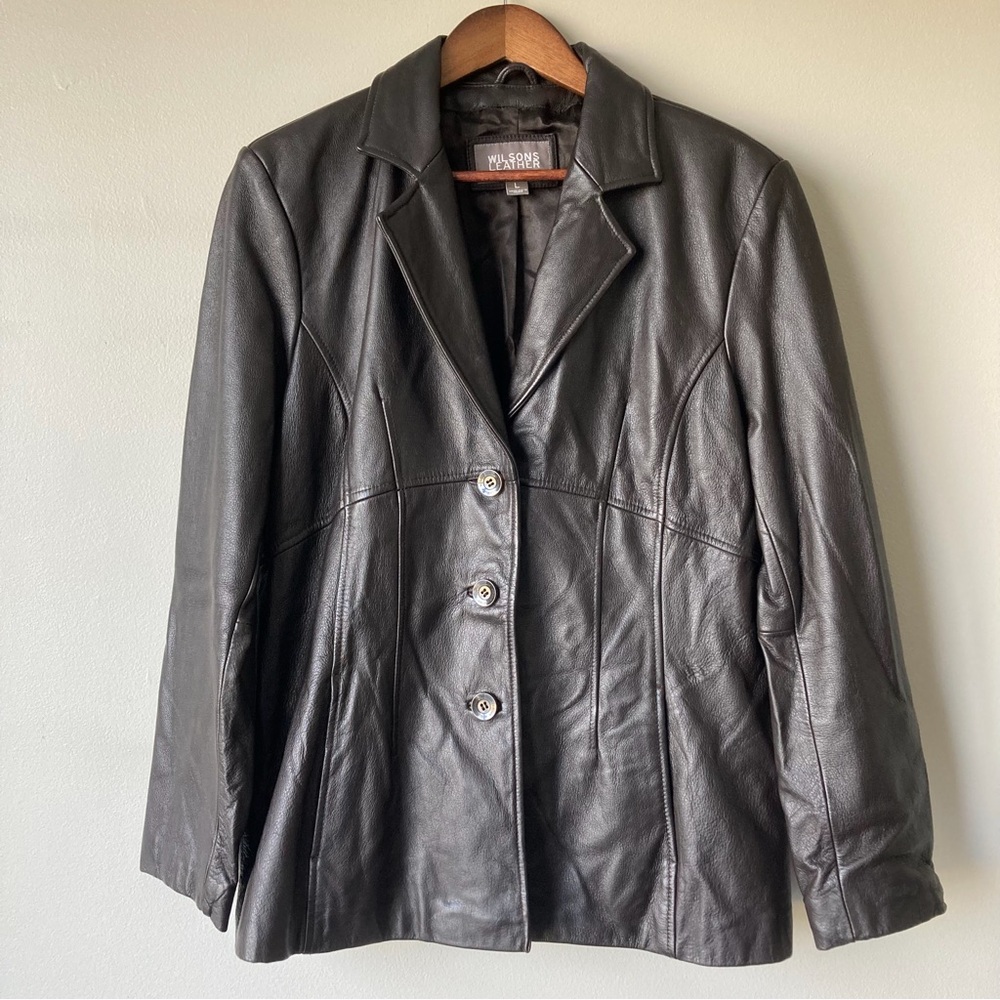 Wilsons Leather Blazer Jacket Black Button Front L 28896-33 Womens